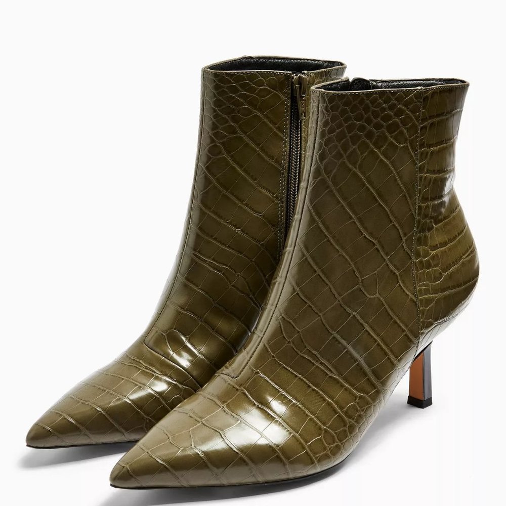 Topshop Khaki Crocodile Skin Pointed Boots Size 11
